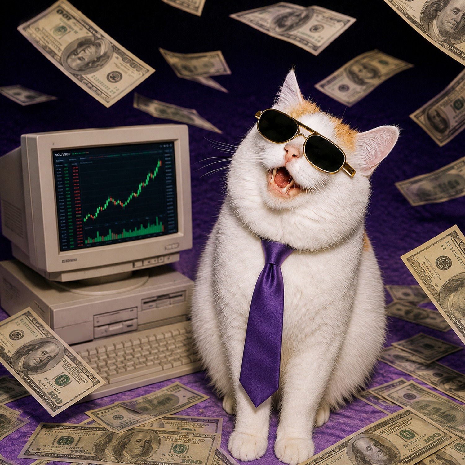 CATFI cat screaming at a retro computer with a green SOL chart