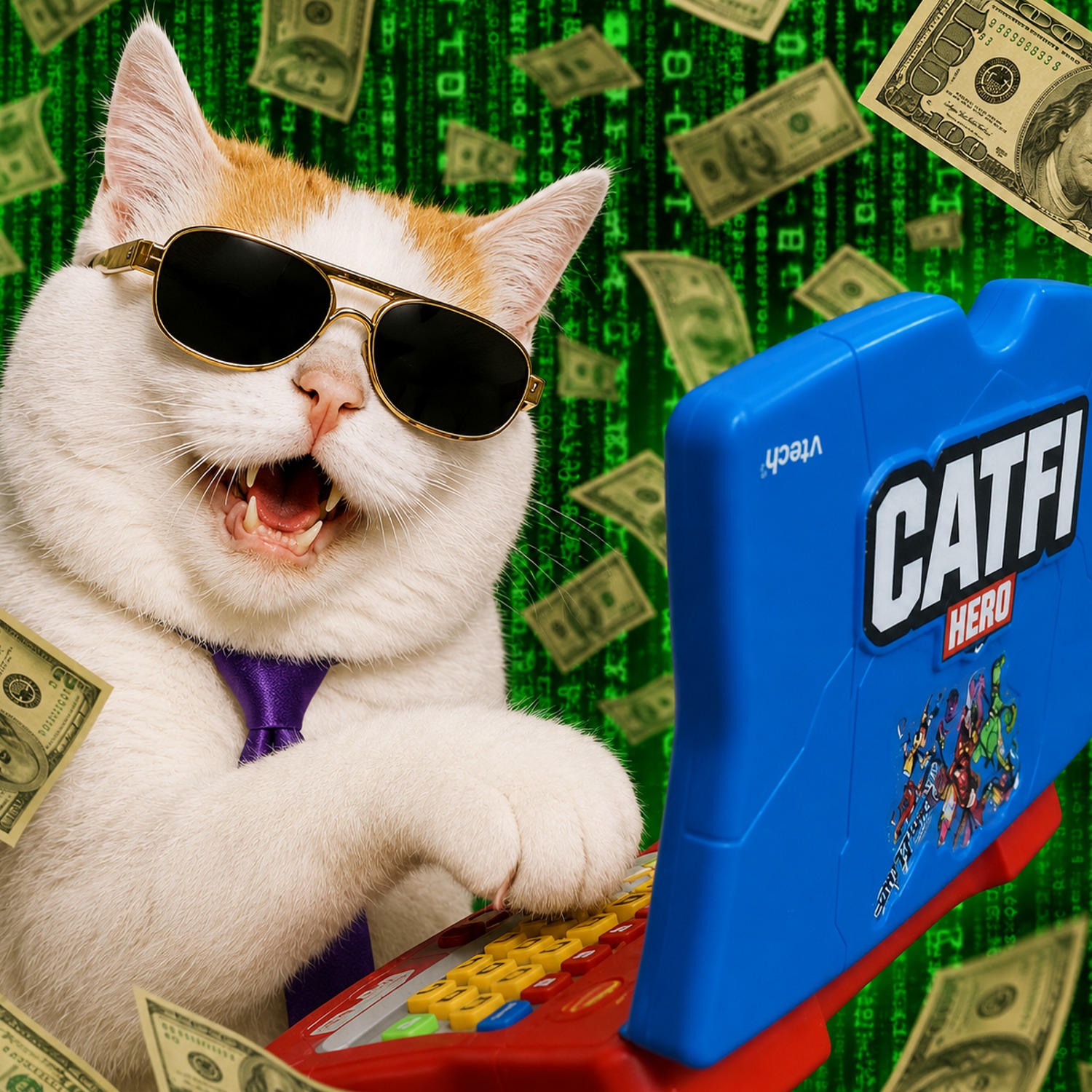 CATFI cat typing on a CATFI toy laptop with matrix code background