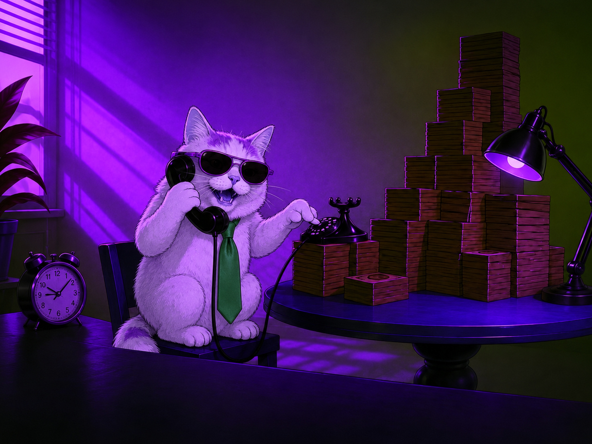 Illustrated CATFI cat on a rotary phone next to stacks of money