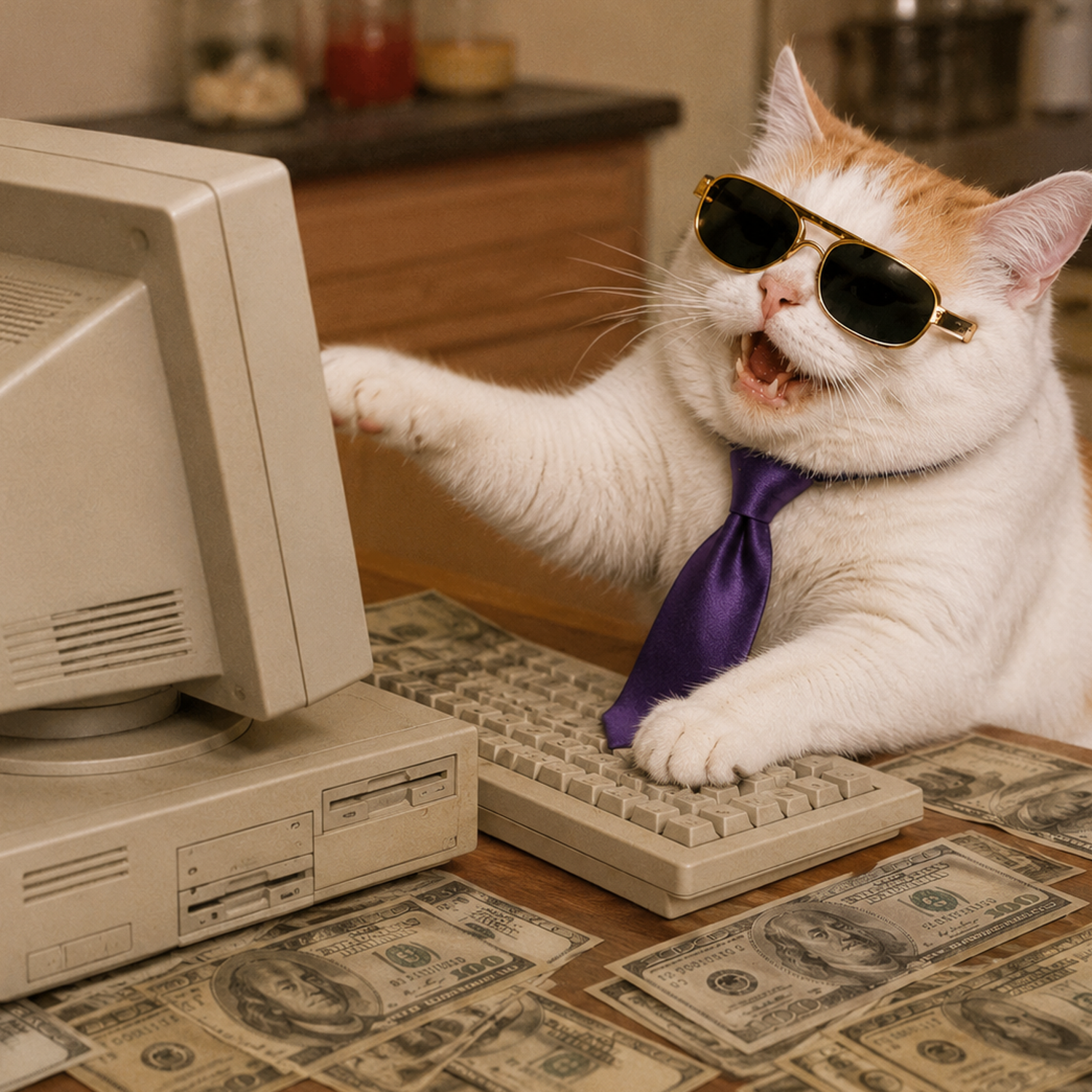 CATFI cat smashing a retro keyboard surrounded by dollar bills